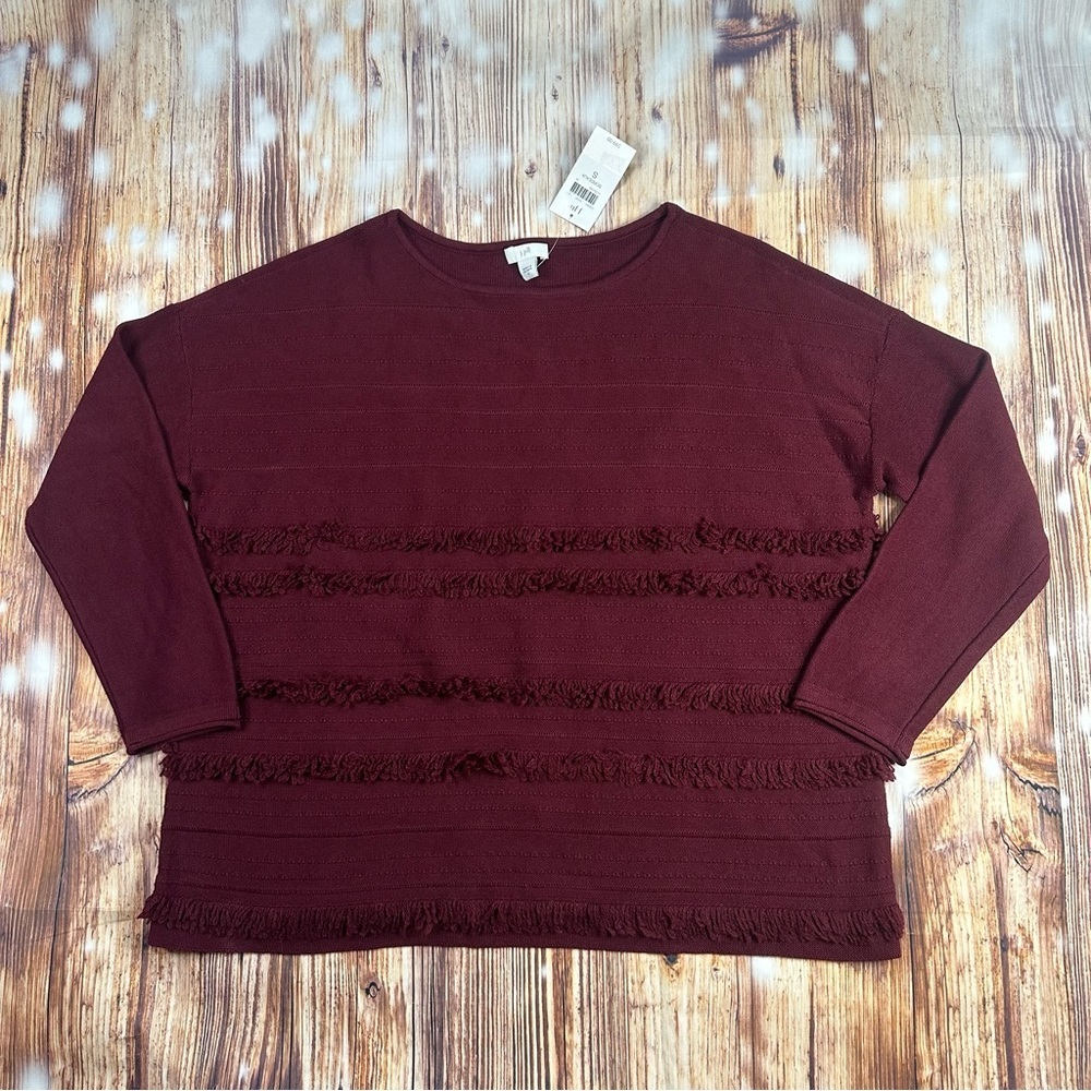 NWT J. Jill Faye Fringe Boat Neck Sweater
Bordeaux Burgundy Size Small.